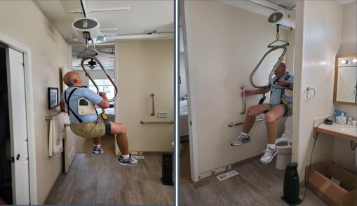 man using body support with SureHands ceiling lift from Lifeway Mobility