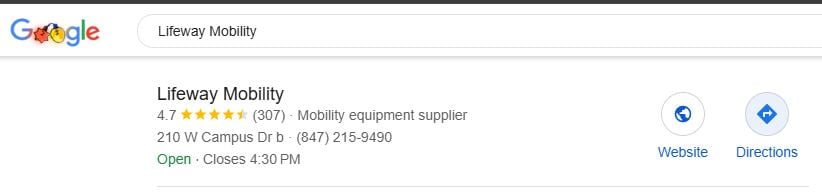 Google search results for Lifeway Mobility, showing reviews