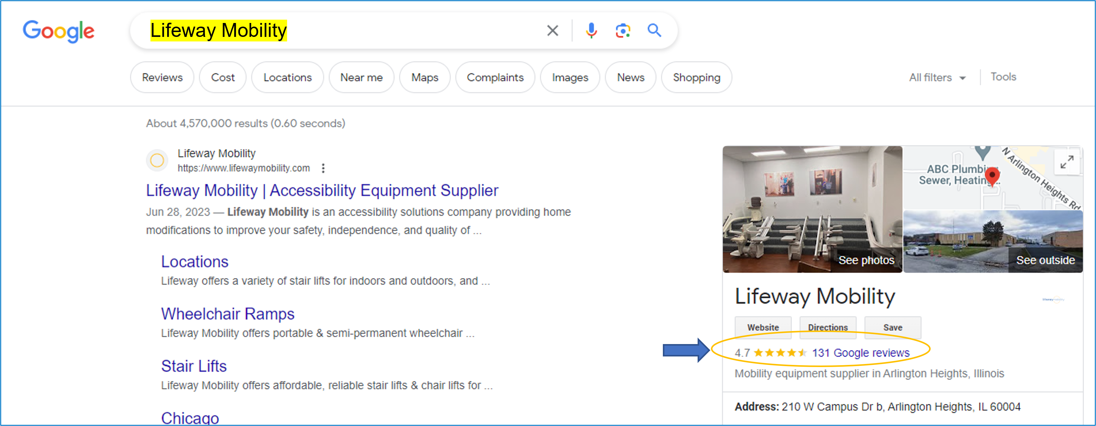 Google search results for Lifeway Mobility, showing reviews