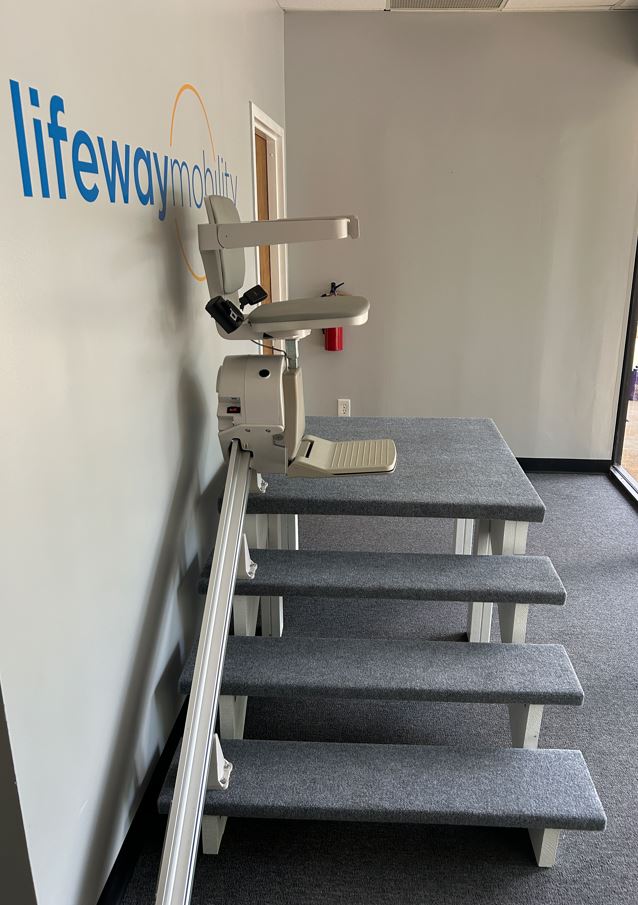 stairlift at top landing in Lifeway Mobility Atlanta showroom