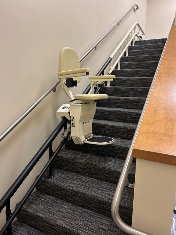 curved Harmar Helix stairlift in Lifeway Mobility Orange County showroom in Irvine, CA