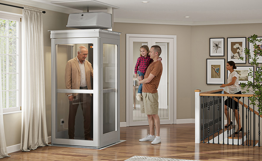 Family using an indoor elevator