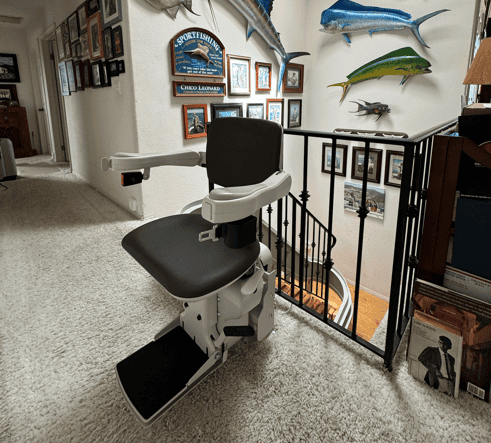 stairlift with black upgraded upholstery from Lifeway Mobility