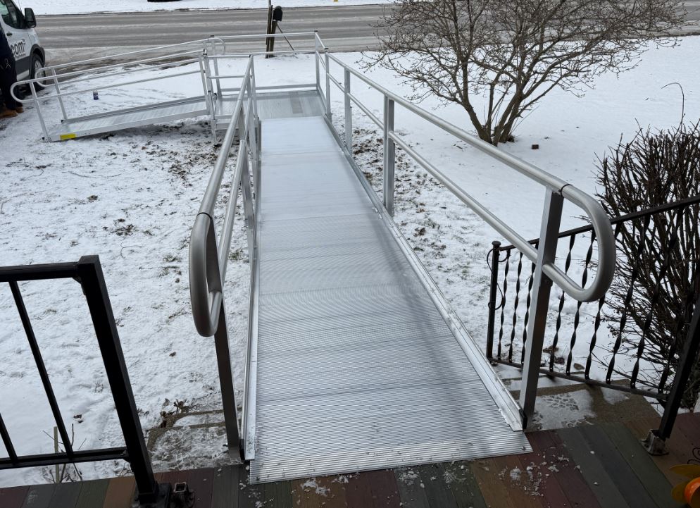 aluminum wheelchair ramp installed by Lifeway Mobility and cleared of ice and snow during winter 