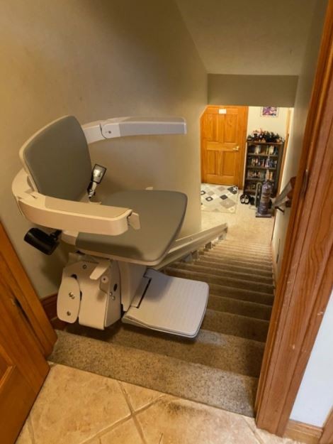 Bruno Elan stairlift installed on basement stairs in Indianapolis home by Lifeway Mobility