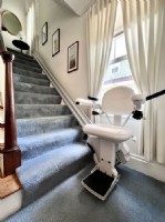 Bruno Elite stairlift with white upholstery installed by Lifeway Mobility Columbus Ohio